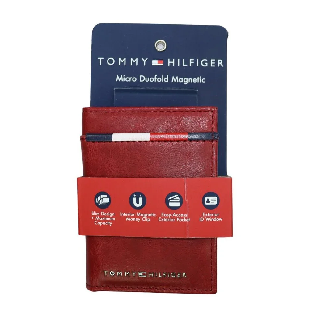 Tommy Hilfiger RFID Blocking Duo-Fold Leather Wallet & Interior Money Clip Red